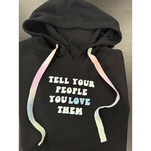 Jadelynn Brooke Hoodie‎ Ribbed Knit Pullover Drawstring Black Large